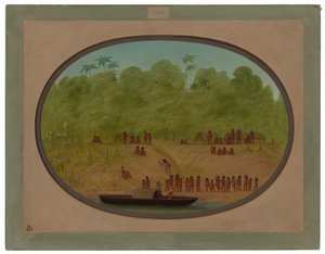 Uma aldeia de Omagua - Esboço de um barco de George Catlin