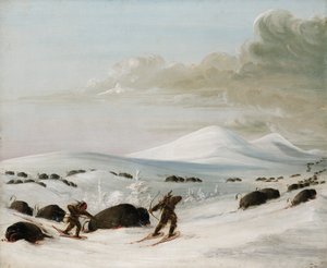 Buffalo Chase em Snowdrifts, índios perseguindo em raquetes de neve, 1832-1833. de George Catlin