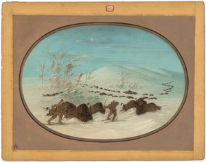Perseguição de búfalos na neve - Ojibbeway de George Catlin
