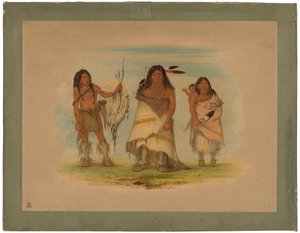 Camanchee Chief, sua esposa e um guerreiro, 1861 (óleo no cartão montado em papelão) de George Catlin