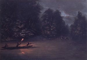 Caça ao veado à luz de tochas em canoas de casca, 1846-1848. de George Catlin