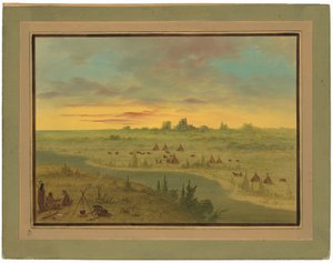 Acampamento de índios Pawnee ao pôr do sol de George Catlin