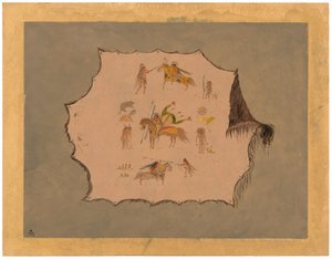 Fac-símile do manto de um médico Pawnee com designs profissionais fantásticos de George Catlin