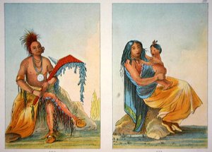O Chefe Clermont e a sua mulher e filho. de George Catlin