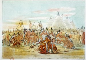 Índios da América: Tribo Assiniboin parecida com a dança de cachimbo dos Sioux. Ilustração de George Catlin (1794-1872) de George Catlin