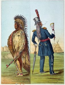 Índios da América: índios assiniboin vetu no exército em seus bolsos duas garrafas de wisky. Ilustração de George Catlin (1794-1872) de George Catlin