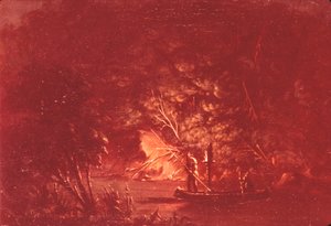 Ojibwe a lançar salmão à luz da tocha de George Catlin