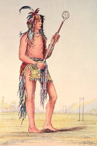 O jogador de bola Sioux Ah-No-Je-Nange, &39;Aquele que está em ambos os lados&39; (litho colorido à mão) de George Catlin