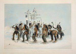 A Dança dos Sapatos de Neve, pub. Litografia colorida de 1845. de George Catlin