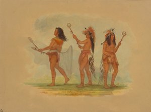 Três famosos jogadores de bola - Choctaw, Sioux e Ojibbeway, 1861. de George Catlin