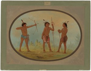 Três guerreiros Shoshonee armados para a guerra de George Catlin