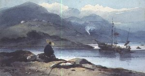 Um rio chinês com uma figura no banco de George Chinnery