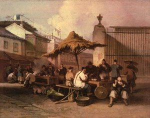 Um grupo de chineses comendo fora da igreja de São Domingos de George Chinnery