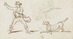 Um homem jogando uma bola para um cachorro (caneta e grafite no papel) de George Chinnery
