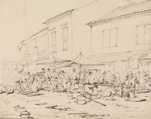 Uma praça de mercado e uma multidão de George Chinnery