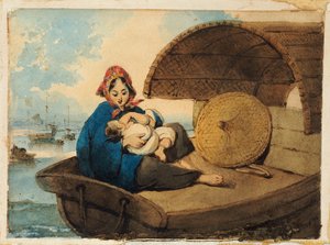 Uma mulher Tanka com seu filho em um barco