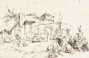 Uma cena de vila na Índia [verso] de George Chinnery