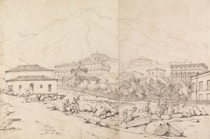 Construir numa colina de uma aldeia montanhosa (China?) de George Chinnery