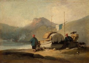 Cena chinesa, barcos junto ao lago de George Chinnery