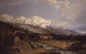 Paisagem alpina com figuras junto a um riacho de montanha