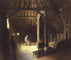 Interior do Celeiro com Garotos Trabalhadores de George Clausen