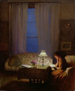 Reading by Lamplight (Twilight: Interior) (óleo sobre tela) de George Clausen