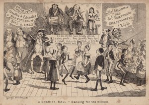 Um Baile de Caridade - dançando pelo milhão; desenho animado de George Cruikshank