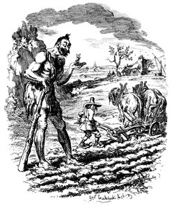 Um gigante está em um campo enquanto um fazendeiro ara, do século XIX. de George Cruikshank