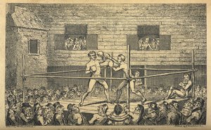 Um combate de luta no tribunal de Fives. Um combate de boxe, de 