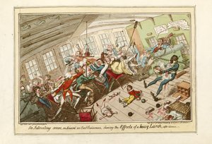 An Interesting Scene on board an East-Indiaman, showing the Effects of a Heavy Lurch, pub.1818 (gravura a cores) de George Cruikshank