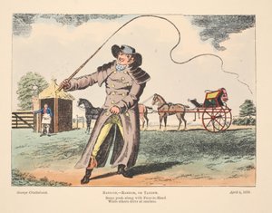 Bang-Up, Aleatório ou Tandem, alguns empurram junto com o Four In Hand enquanto outros dirigem aleatoriamente, 1810 (gravura colorida à mão) de George Cruikshank