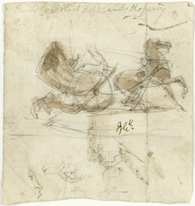 Caricatura de si próprio (anverso); Cabine atirada por um cavalo, com outros esboços (verso) de George Cruikshank