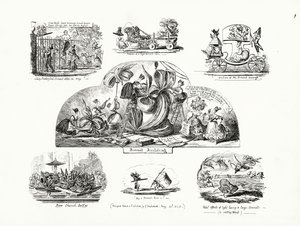 Desenhos animados de George Cruikshank sobre o tema dos chapéus de senhora de tamanho grande (gravura) de George Cruikshank