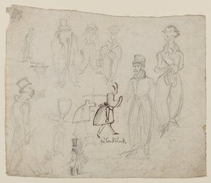 Estudos de personagem (lápis, caneta e tinta no papel) de George Cruikshank