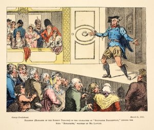 Elliston (gerente do Surrey Theatre) na personagem de &39;Sylvester Daggerwood&39; cantando a canção &39;Bonaparte&39;, escrita por Mr Lawler, pub. 1811 (gravura colorida à mão) de George Cruikshank