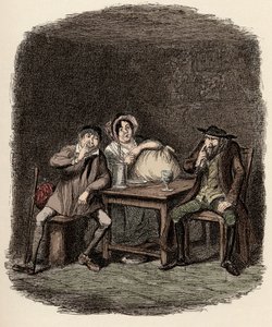 Fagin fazendo negócios com Morris Bolter, também conhecido como Noe Claypole, e Charlotte - O judeu e Morris Bolter começam a se entender - Ilustração para "Oliver Twist" (Olivier) (As Aventuras de Oliver Twist) por Charles Dickens (1812-1870), de George de George Cruikshank
