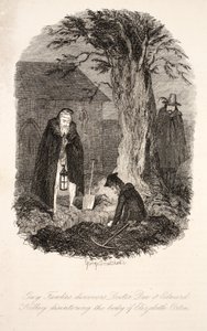 Guy Fawkes descobre o Doutor Dee e Edward Kelley desenterrando o corpo de Elizabeth Orton, ilustração de Guy Fawkes, ou a Traição da Pólvora: um Romance Histórico, de William Harrison Ainsworth, pu de George Cruikshank