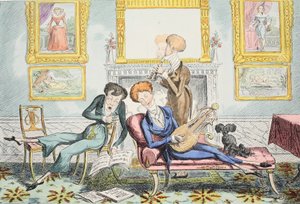 Beija-flores ou um dândi trio, pub. 1835 (gravura colorida à mão) de George Cruikshank