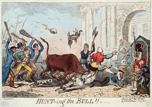 Caçando o Touro, 1817 (gravura a cores) de George Cruikshank