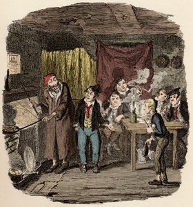 Em Londres, Jack Dawkins chamou a Raposa e apresenta Oliver a Fagin e à sua equipa de malfeitores - Oliver apresentou o respeitável cavalheiro - Ilustração para "Oliver Twist" (Olivier) (As Aventuras de Oliver Twist) por Charles Dickens (1812-1870), por Ge