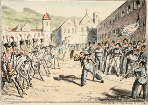 Jacks Trump of Defiance, do Greenwich Hospital, uma série de esboços navais, descritiva de uma vida de um homem de guerras, pub. 1826 (gravura colorida à mão) de George Cruikshank