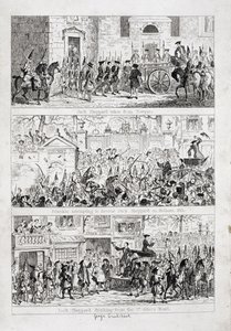 A viagem de Jack de Newgate para Tyburn, ilustração de "Jack Sheppard: A Romance", de William Harrison Ainsworth, publicada em 1839 de George Cruikshank