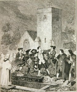 Jonathan Wild aproveitando Jack no funeral de sua mãe em Willesden Churchyard, ilustração de 