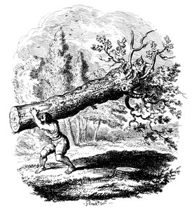 Homem carregando um tronco de árvore grande no ombro, século XIX.