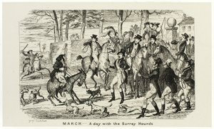 março - Um dia com os cães de caça de Surrey das gravuras em aço de George Cruikshank para o The Comic Almanacks: 1835-1853 de George Cruikshank