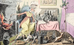 Misturando uma receita para Corns, pub. 1835 (gravura colorida à mão) de George Cruikshank
