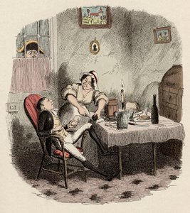 Monsieur Bumble observa Noe Claypole e Charlotte - Mr Claypole como ele apareceu quando seu mestre estava fora - Ilustração para "Oliver Twist" (Olivier) (As Aventuras de Oliver Twist) por Charles Dickens (1812-1870), por George Cruikshank (1792-1878) . de George Cruikshank