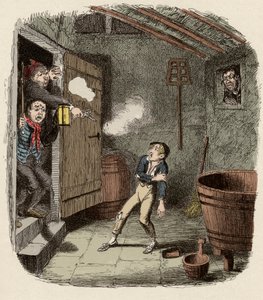 Oliver surpreendido e ferido durante a tentativa de roubo - O Roubo - Ilustração para "Oliver Twist" (Olivier) (As Aventuras de Oliver Twist) por Charles Dickens (1812-1870), por George Cruikshank (1792-1878) .