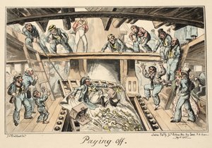 Pagando, do Greenwich Hospital, uma série de esboços navais, descritiva de uma vida de um homem de guerras, pub. 1826 (gravura colorida à mão) de George Cruikshank