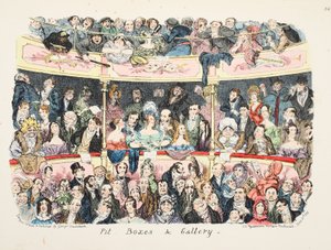 Pit Boxes e Galeria, pub. 1836 (gravura colorida à mão) de George Cruikshank